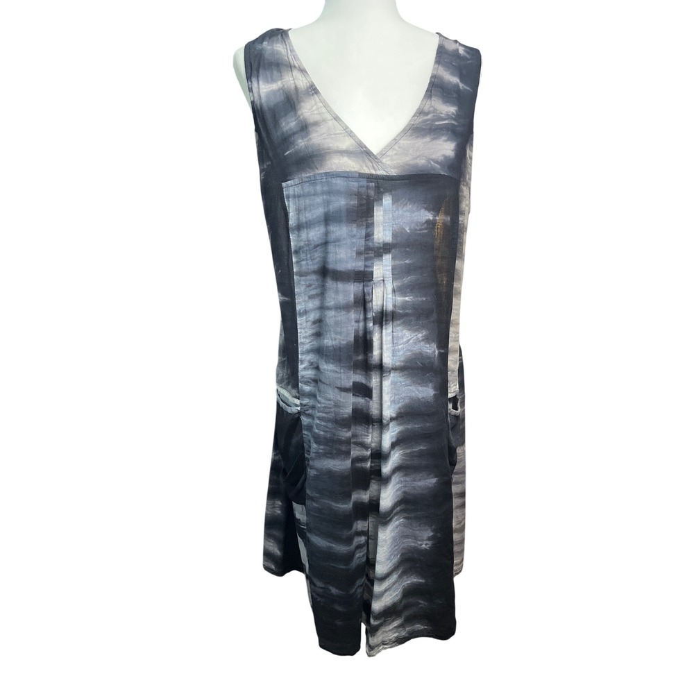 Tulip Women XL Black Grey Tie Dye Cotton Sleeveless V-Neck Pocket Midi Dress